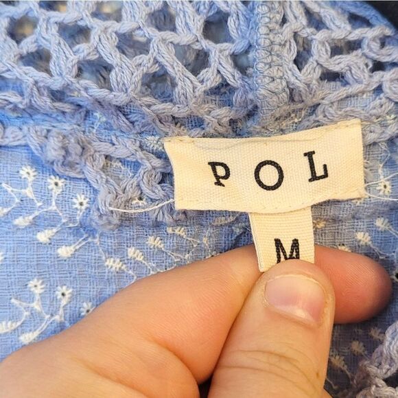 POL Women's Light Blue Cotton Boho Open Knit Eyelet Zip Up Hoodie Size M - Picture 3 of 5